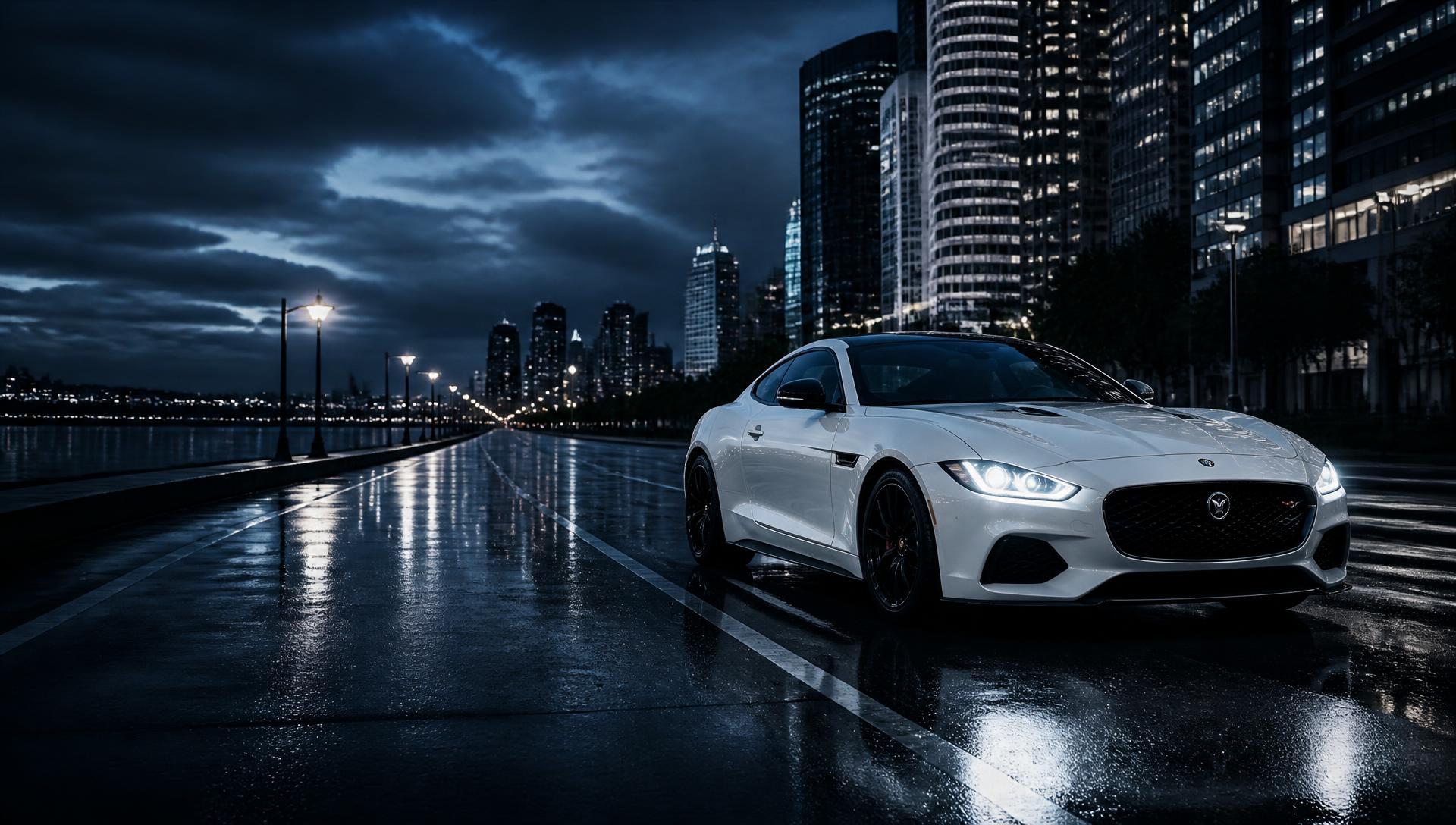 Coupé sportif blanc sur route urbaine à l'heure bleue